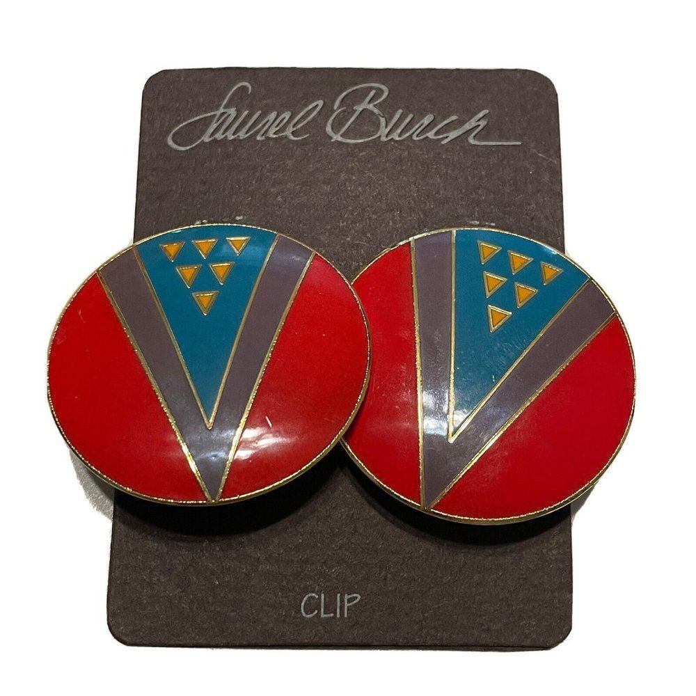 Laurel Burch WU YI Gold Tone Red Clip On Earrings 90s Geometric Cloisonné